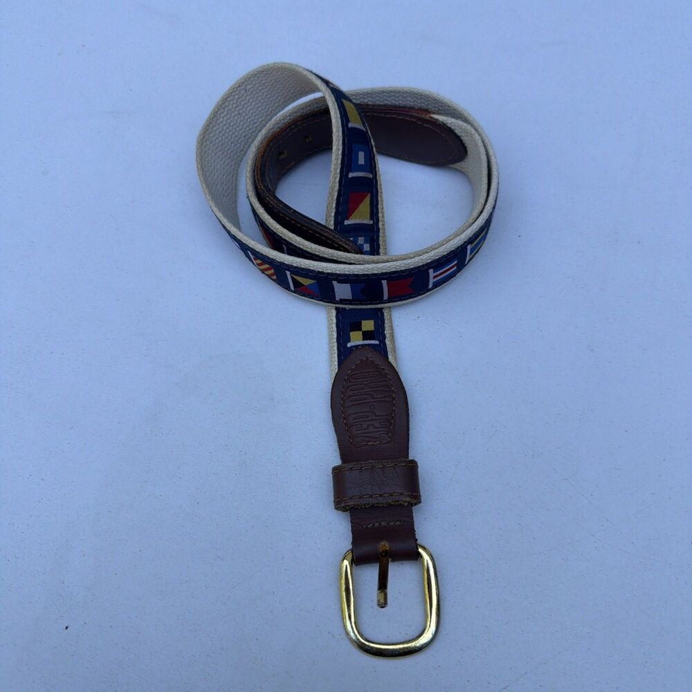 Vintage Zep Pro Nautical Sailing Flag Leather Fabric Brass Belt 44 USA